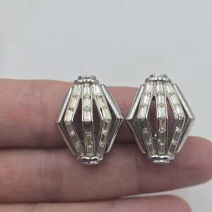 VTG Crown Trifari Rhodium Rhinestone Lantern Dangle Clip Earrings Silver Tone